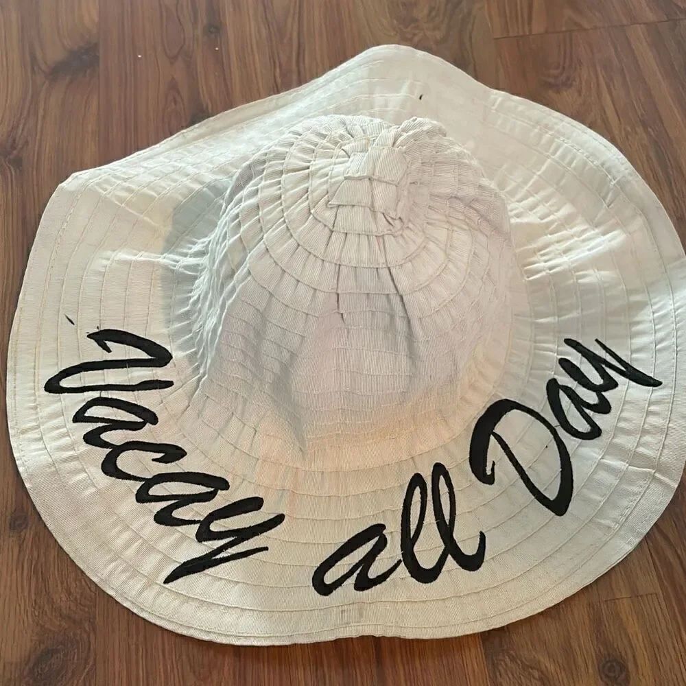 Vacay All Day tan in black collapsible sun hat beach hat